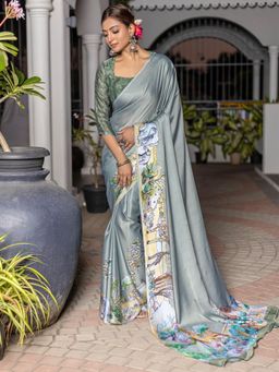 Sareemall - Women Satin Sea Green Printed Saree with Unstitched Blouse