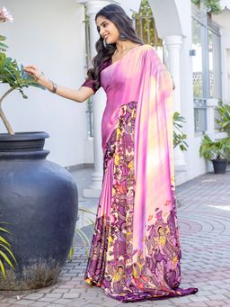 Sareemall - Women Satin Pink Printed Saree with Unstitched Blouse