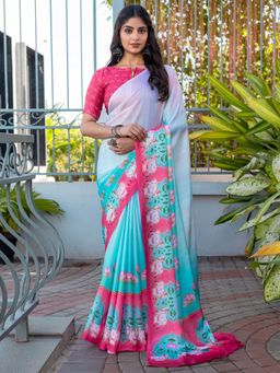Sareemall - Women Satin Blue Printed Saree with Unstitched Blouse