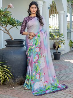 Sareemall - Women Satin Multi-Color Printed Saree with Unstitched Blouse