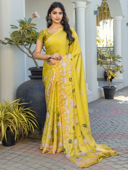 Sareemall - Women Satin Yellow Printed Saree with Unstitched Blouse