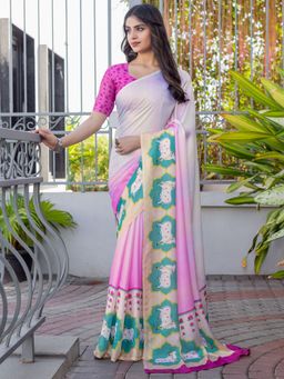 Sareemall - Women Satin Pink Printed Saree with Unstitched Blouse
