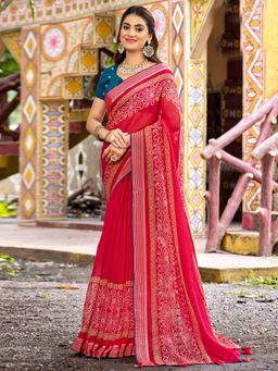 Sareemall - Women Chiffon Red Printed Saree with Unstitched Blouse