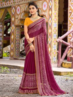 Sareemall - Women Chiffon Magenta Printed Saree with Unstitched Blouse