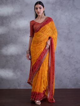 Sareemall - Women Georgette Yellow Printed Saree with Unstitched Blouse