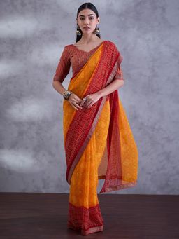 Sareemall - Women Georgette Yellow Embellished Saree with Unstitched Blouse