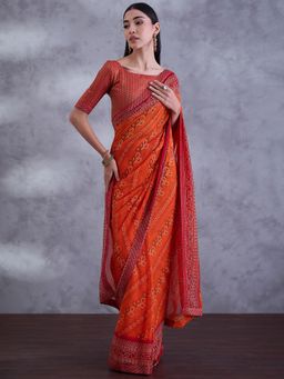 Sareemall - Women Georgette Orange Embellished Saree with Unstitched Blouse