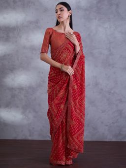 Sareemall - Women Georgette Red Printed Saree with Unstitched Blouse