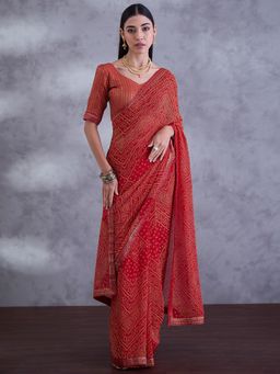 Sareemall - Women Georgette Red Embellished Saree with Unstitched Blouse