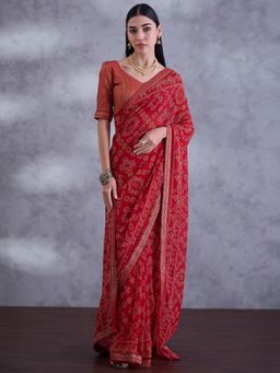 Sareemall - Women Georgette Red Embellished Saree with Unstitched Blouse