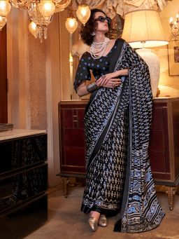 Sareemall - Women Crepe Black Printed Saree with Unstitched Blouse