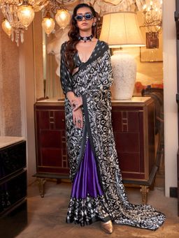 Sareemall - Women Crepe Black Printed Saree with Unstitched Blouse