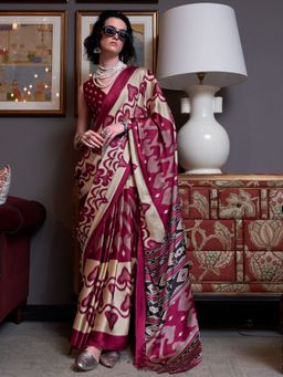 Sareemall - Women Crepe Magenta Printed Saree with Unstitched Blouse