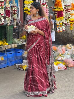 Sareemall - Women Crepe Maroon Printed Saree with Unstitched Blouse