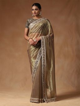 Sareemall - Women Net Gold Embellished Saree with Unstitched Blouse