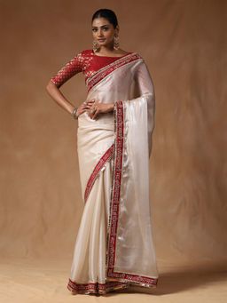 Sareemall - Women Tissue White Embroidered Saree with Unstitched Blouse