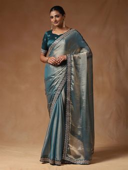 Sareemall - Women Chiffon Teal Embellished Saree with Unstitched Blouse