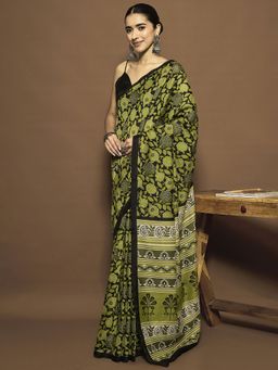 Sareemall - Women Bhagalpuri Silk Black Printed Ready To Wear Saree with Unstitched Blouse
