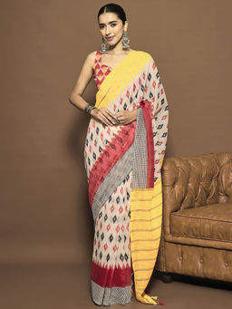 Sareemall - Women Cotton Blend Yellow Printed Ready To Wear Saree with Unstitched Blouse