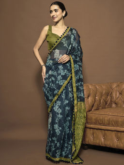 Sareemall - Women Cotton Blend Blue Embellished Ready To Wear Saree with Unstitched Blouse