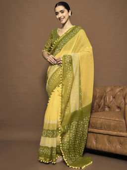 Sareemall - Women Cotton Blend Yellow Printed Ready To Wear Saree with Unstitched Blouse
