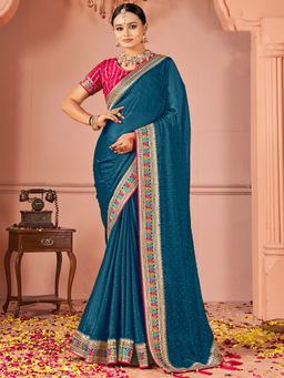 Sareemall - Women Vichitra Silk Teal Zari Embroidered Saree with Unstitched Blouse
