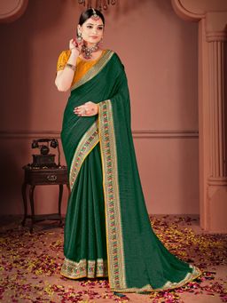 Sareemall - Women Vichitra Silk Green Zari Embroidered Saree with Unstitched Blouse