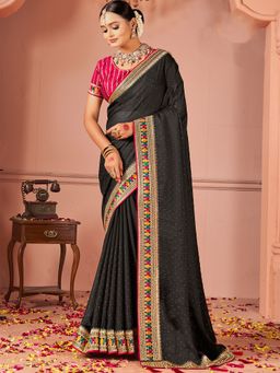 Sareemall - Women Vichitra Silk Black Zari Embroidered Saree with Unstitched Blouse