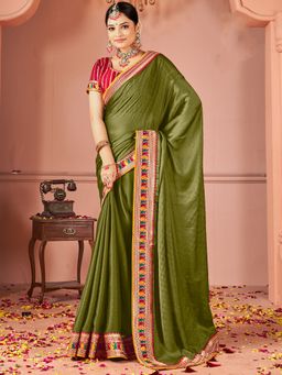 Sareemall - Women Vichitra Silk Olive Zari Embroidered Saree with Unstitched Blouse