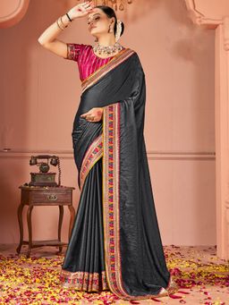 Sareemall - Women Vichitra Silk Grey Zari Embroidered Saree with Unstitched Blouse