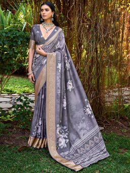 Sareemall - Women Tussar Silk Grey Woven Design Saree with Unstitched Blouse