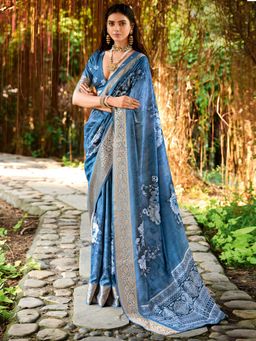 Sareemall - Women Tussar Silk Blue Woven Design Saree with Unstitched Blouse