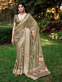 Sareemall - Women Tussar Silk Olive Woven Design Saree with Unstitched Blouse