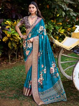 Sareemall - Women Tussar Silk Turquoise Woven Design Saree with Unstitched Blouse