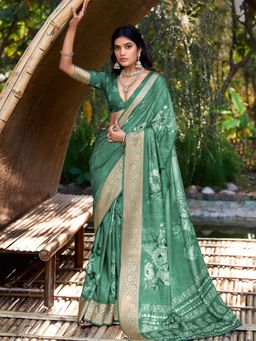 Sareemall - Women Tussar Silk Sea Green Woven Design Saree with Unstitched Blouse