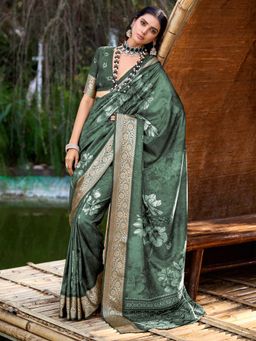 Sareemall - Women Tussar Silk Green Woven Design Saree with Unstitched Blouse