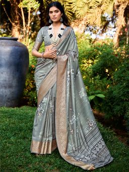 Sareemall - Women Tussar Silk Grey Woven Design Saree with Unstitched Blouse