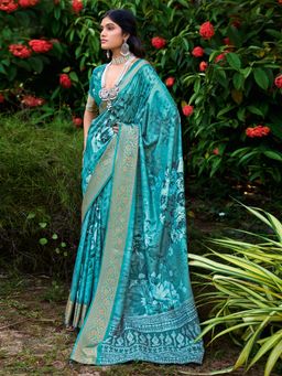 Sareemall - Women Tussar Silk Turquoise Woven Design Saree with Unstitched Blouse