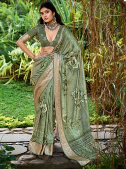 Sareemall - Women Tussar Silk Light Green Woven Design Saree with Unstitched Blouse