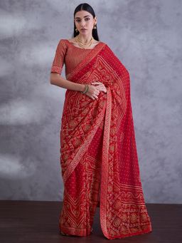 Sareemall - Women Georgette Red Embellished Saree with Unstitched Blouse