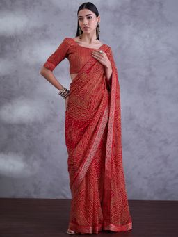 Sareemall - Women Georgette Red Printed Saree with Unstitched Blouse