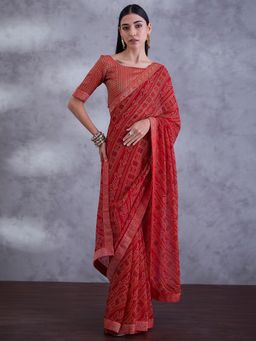 Sareemall - Women Georgette Red Embellished Saree with Unstitched Blouse