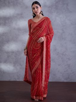 Sareemall - Women Georgette Red Embellished Saree with Unstitched Blouse