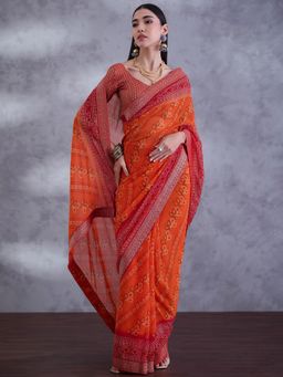 Sareemall - Women Georgette Orange Printed Saree with Unstitched Blouse