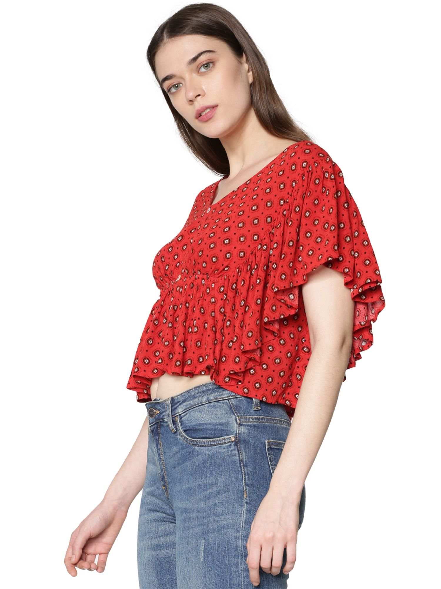 Buy ONLY Red Printed Ruffle Crop Top 