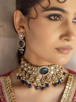 Jovi's Jewels - Rajput - Royal Blue Polki Choker With Earrings