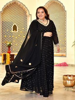 Desi Noor - Black Embroidered Georgette Anarkali Kurta with Dupatta