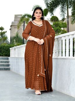Desi Noor - Brown Embroidered Georgette Anarkali Kurta with Dupatta