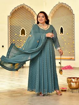 Desi Noor - Green Embroidered Georgette Anarkali Kurta with Dupatta