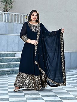 Desi Noor - Navy Blue Floral Georgette Anarkali Kurta with Dupatta